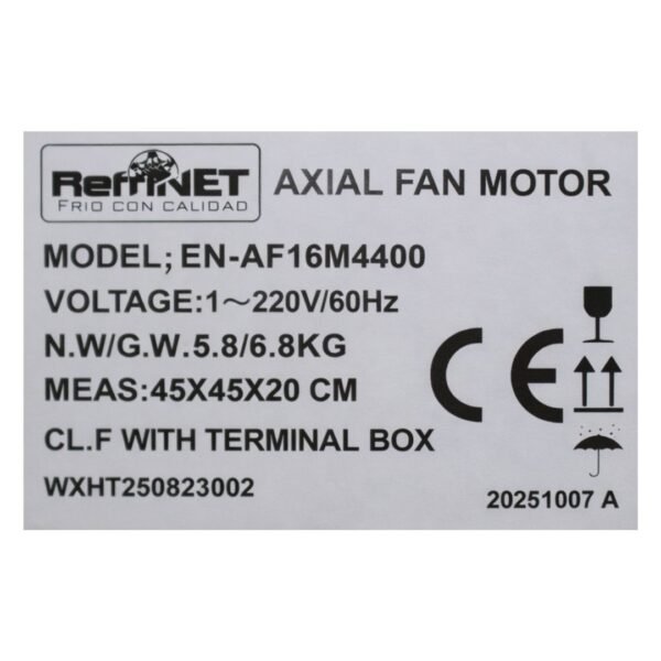 16 2 RNAF16M4400 Motor Ventilador Axial 16" 220V 60Hz 1PH 4p IP54 Succion Refrinet