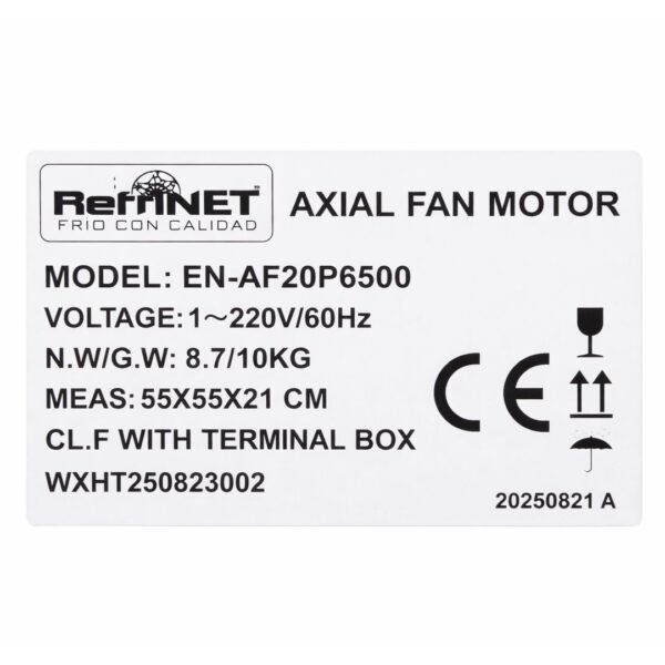 20 2 RNAF20P6500 Motor Ventilador Axial 20" 220V 60Hz 1PH 6p IP54 Succion Refrinet