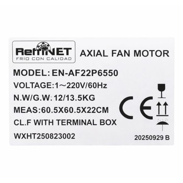 22 2 RNAF22P6550 Motor Ventilador Axial 22" 220V 60Hz 1Ph 6P Ip54 Succion Refrinet